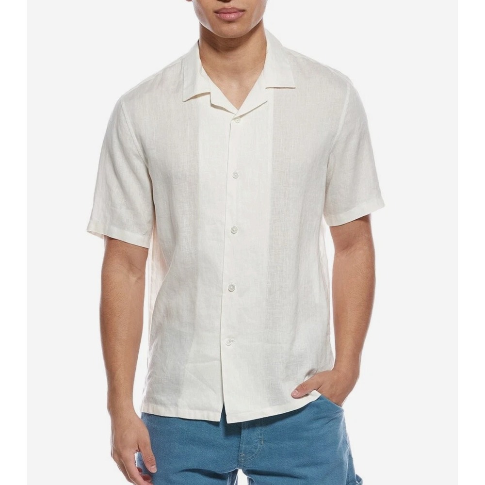 NWT Theory Daze Shirt Ivory Precise Linen Short Sleeve Camp Collar XL $160